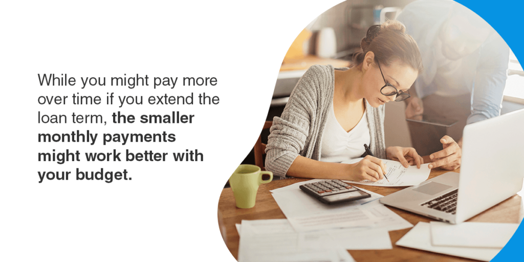 While you might pay more over time if you extend the loan term, the smaller monthly payments might work better with your budget.