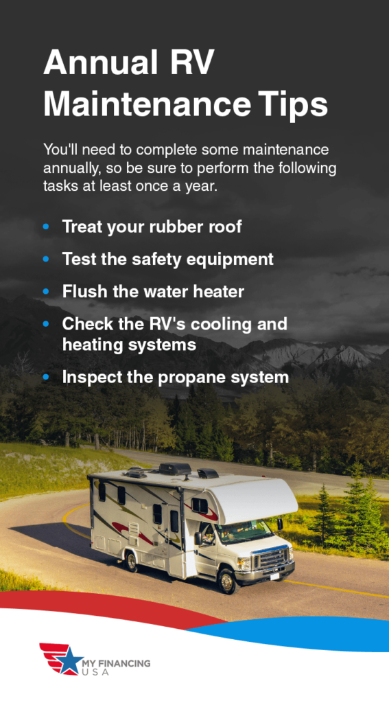 Annual RV Maintenance Tips. You'll need to complete some maintenance annually, so be sure to perform the following tasks at least once a year.