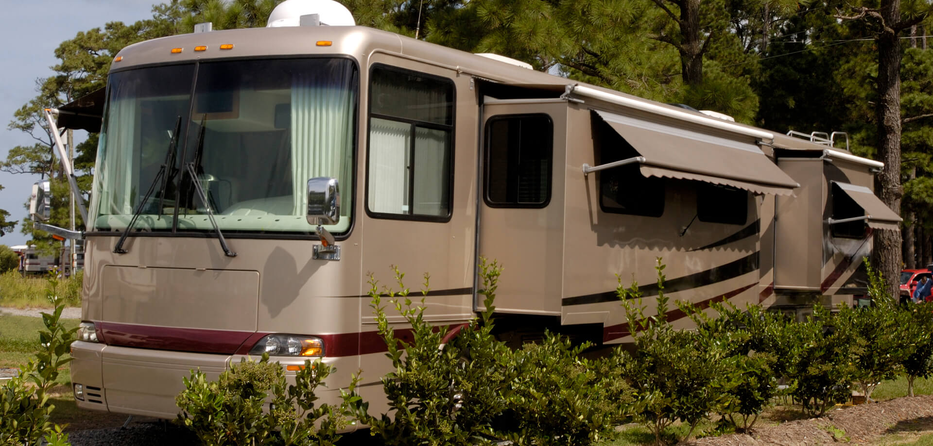 RV parked near bushes