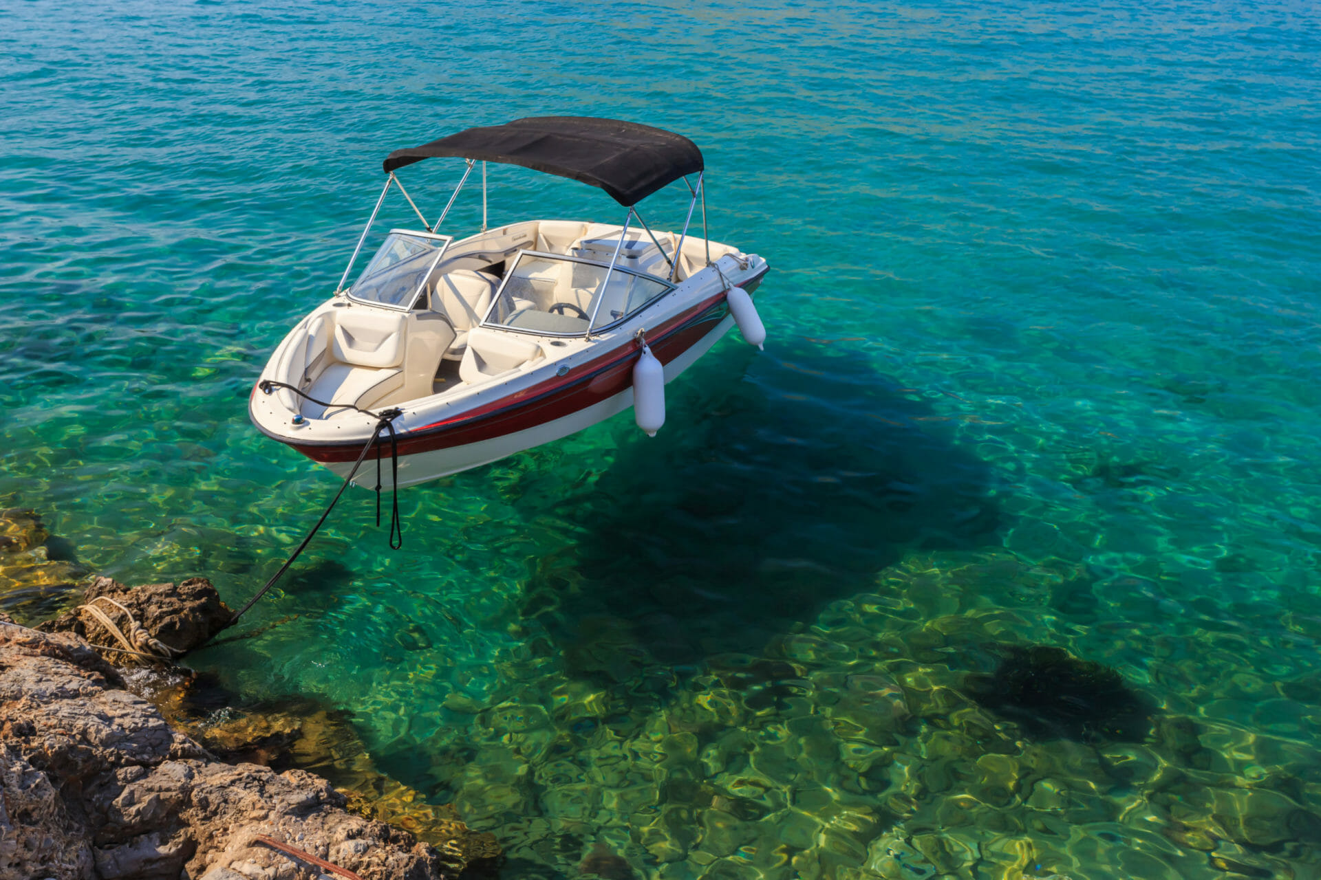 Small white boat floating in clean water near shore