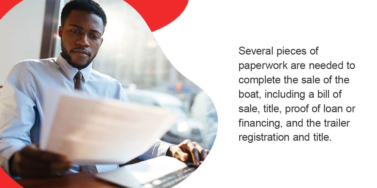 What paperwork do I need to buy a boat? Several pieces of paperwork are needed to complete the sale of the boat, including a bill of sale, title, proof of loan or financing, and the trailer registration and title. 
